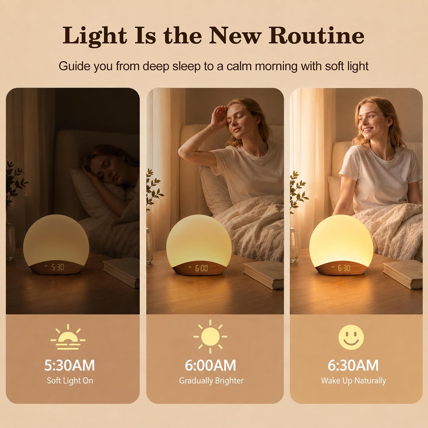 Wood Grain Sunrise Alarm Clock and Sound Machine Nightlight | Digital Dimmable Clock for Bedroom, 26 Sleep Sounds