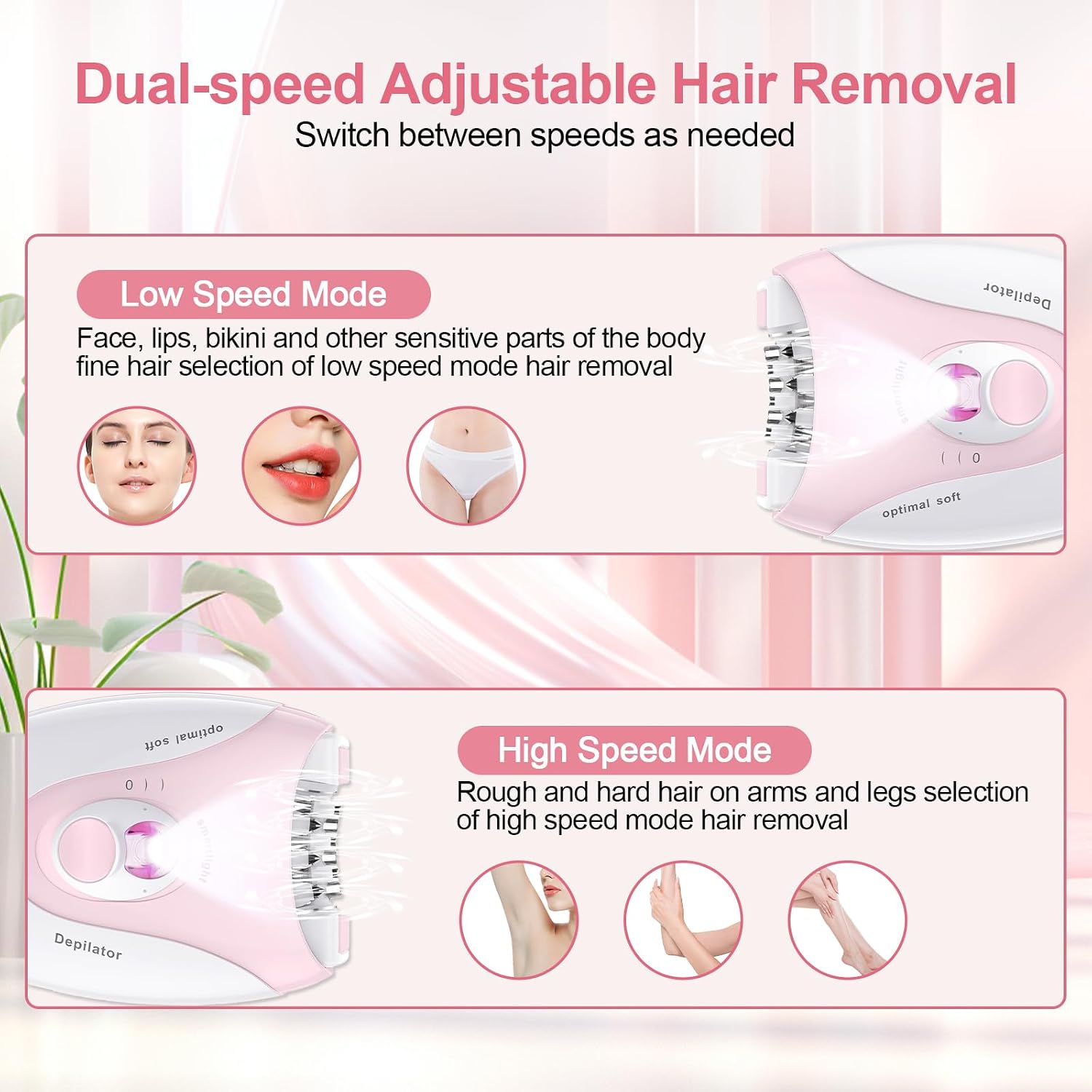 Epilator for Women, 2 Speeds Facial Hair Removal Device with LED Light, 36 Tweezers & Massage Pad, Rechargeable