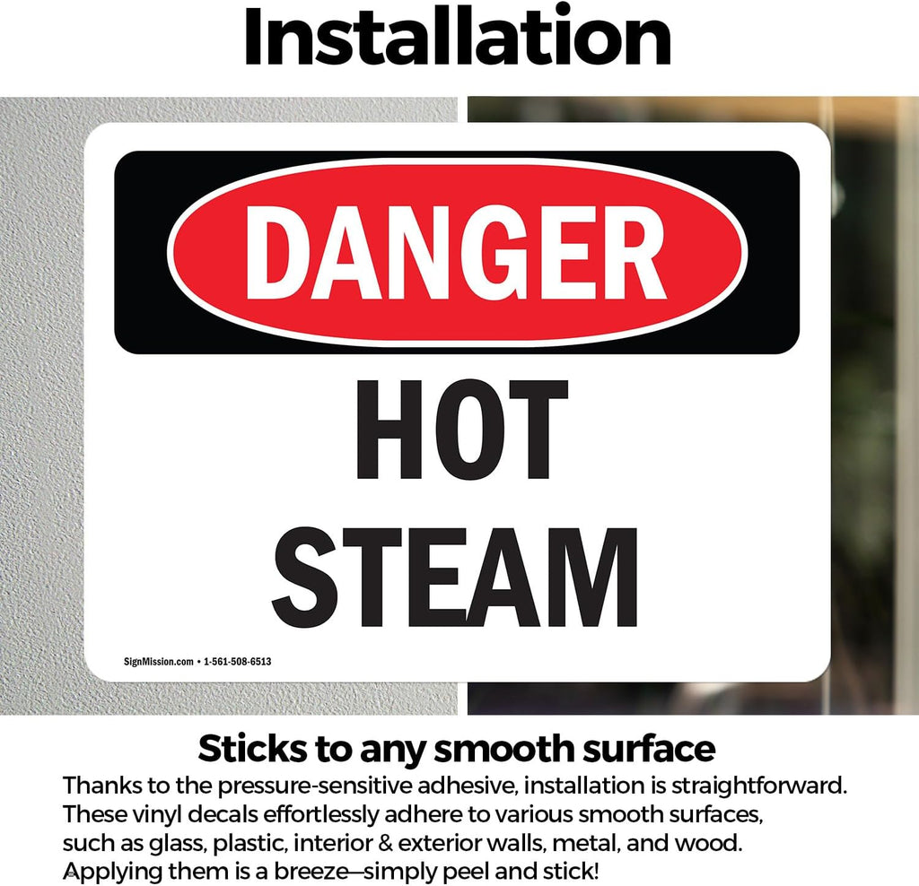(2 Pack) Hot Steam OSHA Danger Sign 7 Inch X 5 Inch Vinyl Label Decal Sticker Weather Resistant, UV Protected for