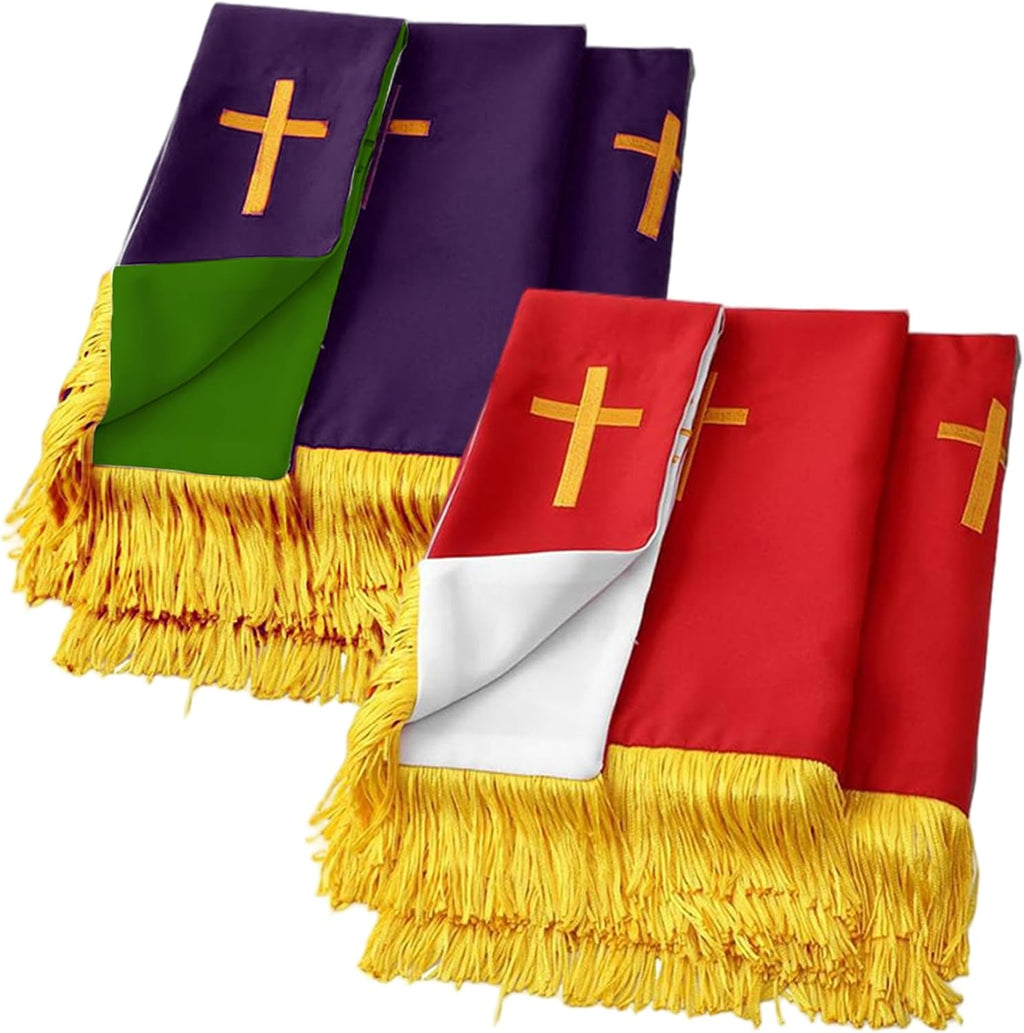 Set of 3 Reversible Parament Set with Red Table Runner Bookmark and Embroidered Pulpit Scarf Featuring Gold Cross for