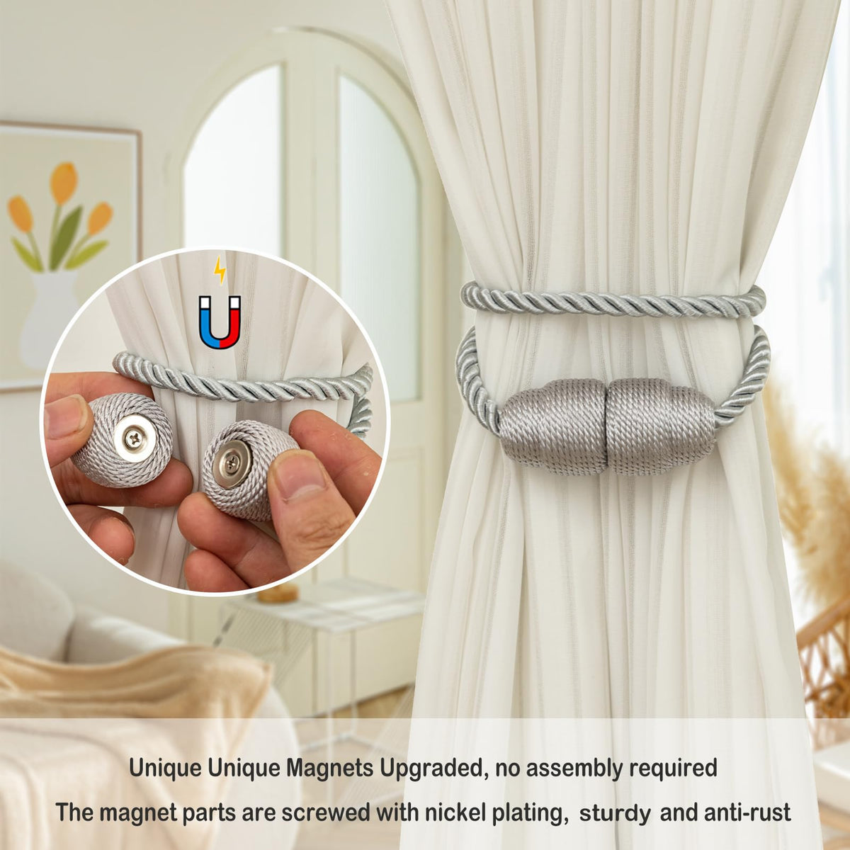 Magnetic Curtain Tiebacks - Rope Tiebacks for Curtains & Drapes, Decorative Window Holdbacks (8 Pack, Grey)