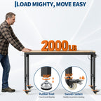 60 x 22 Inch Heavy-Duty Adjustable Height Workbench - 2000 LB Capacity Garage Work Table with Power Outlets, Locking