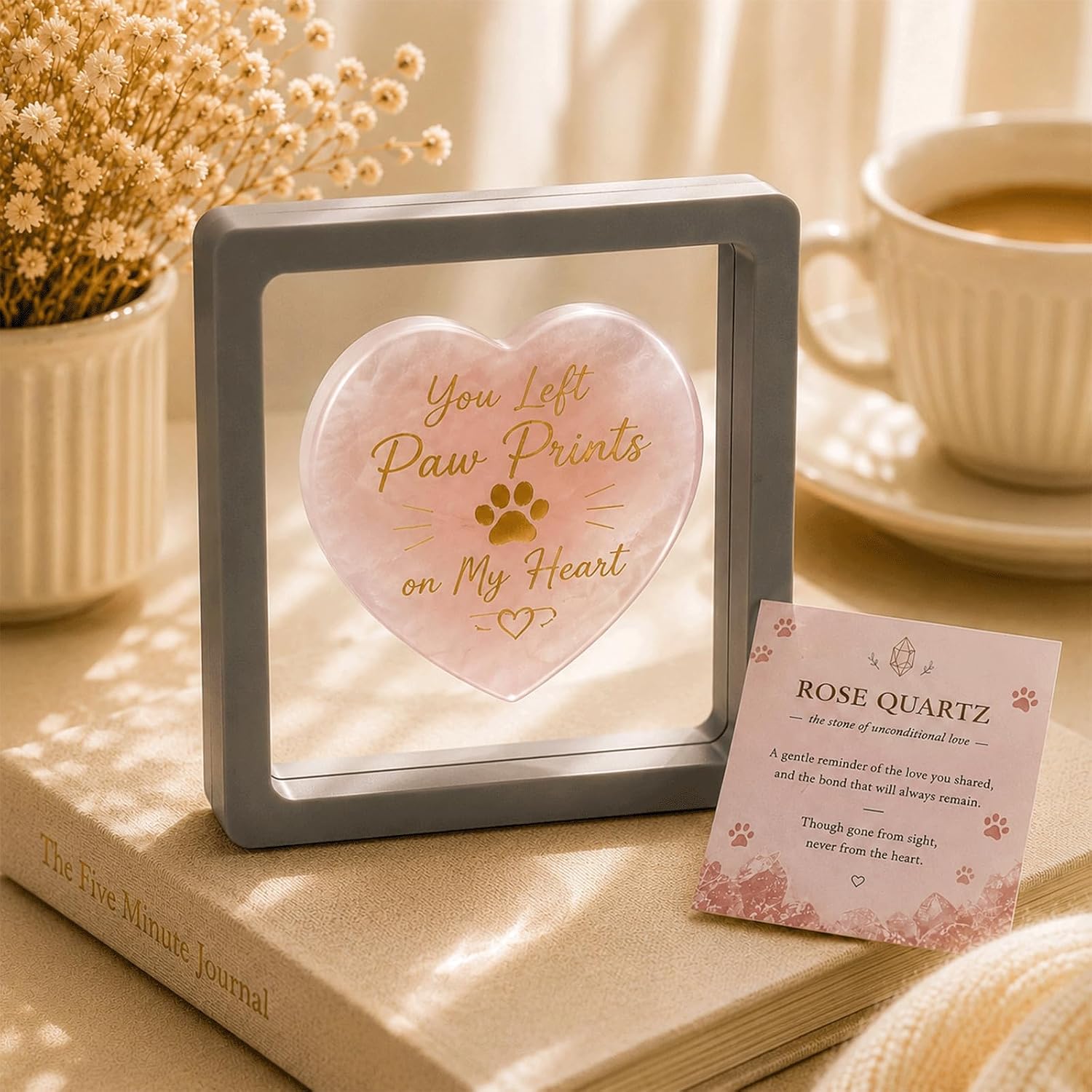 Rose Quartz Pet Memorial Gifts for Loss of Dog, Cat -Heart Crystal Stone