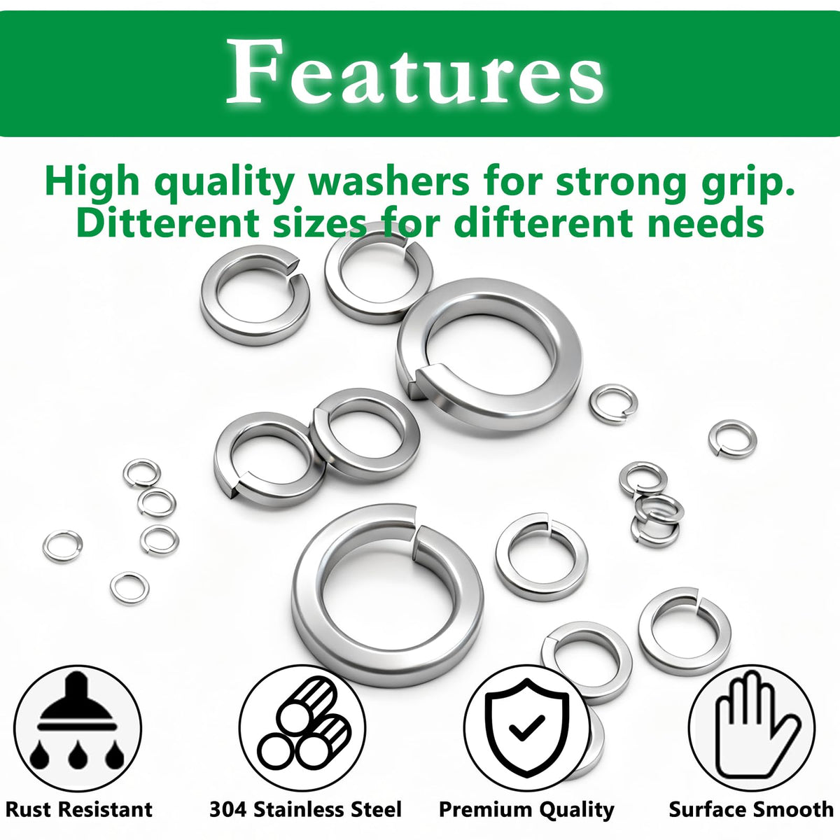 Aienxn 1000PCS Spring Lock Washers Assortment, 304 SS 9 SAE Sizes #4-1/2"