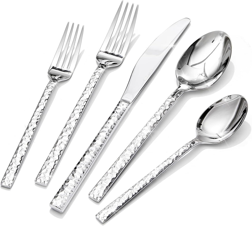 60 Piece Hammered Silverware Set, 18/10 Stainless Steel Flatware Set for 12