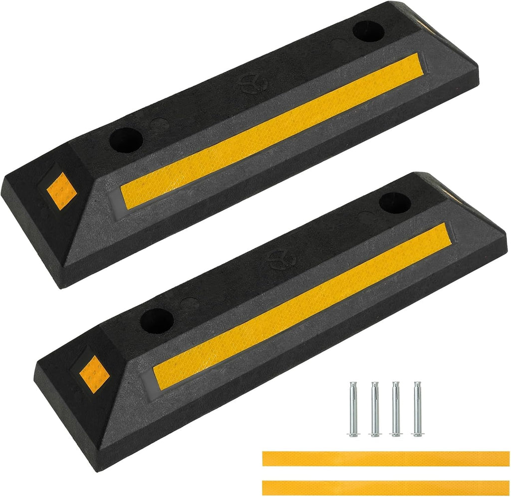 Heavy Duty Rubber Curb Car Stop 2-Pack | Curb Garage Vehicle Floor Stopper for Parking Safety with Reflective Yellow