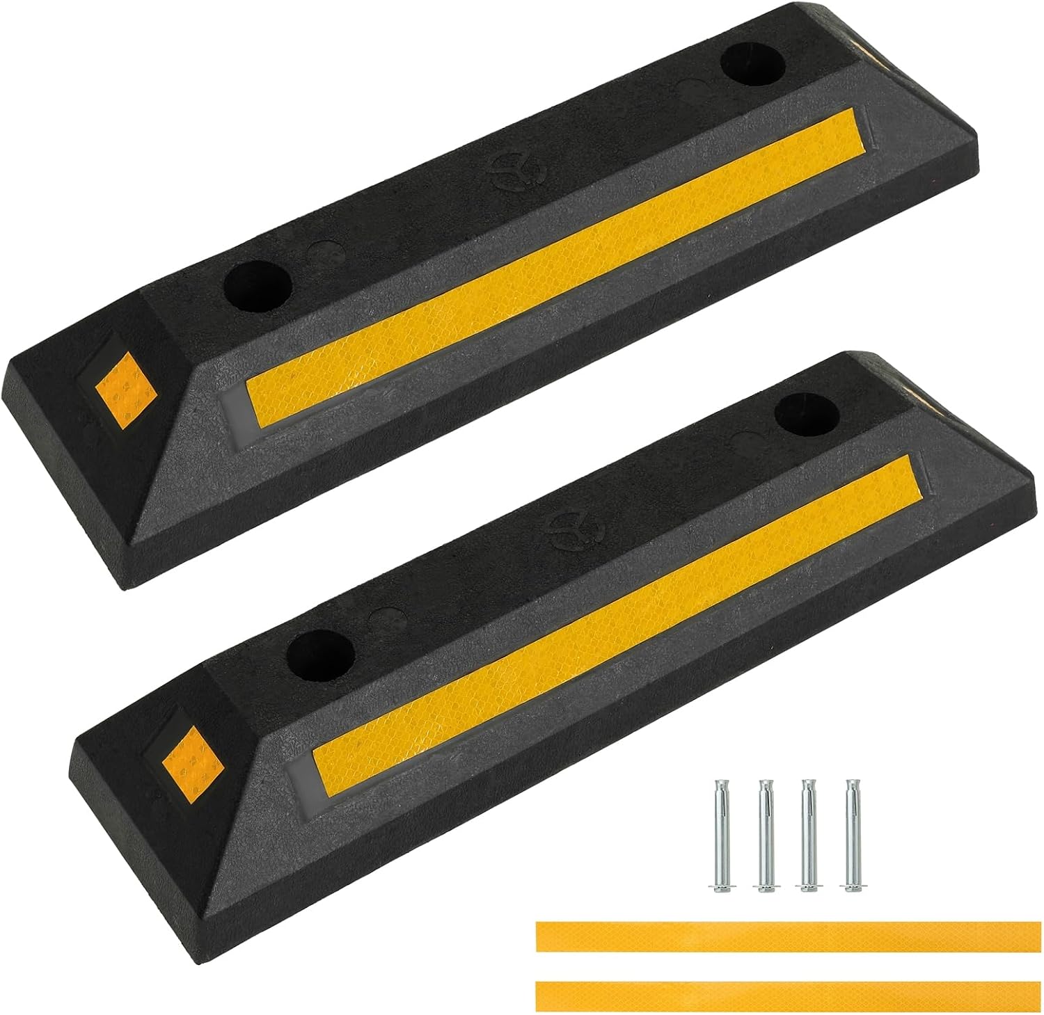 Heavy Duty Rubber Curb Car Stop 2-Pack | Curb Garage Vehicle Floor Stopper for Parking Safety with Reflective Yellow