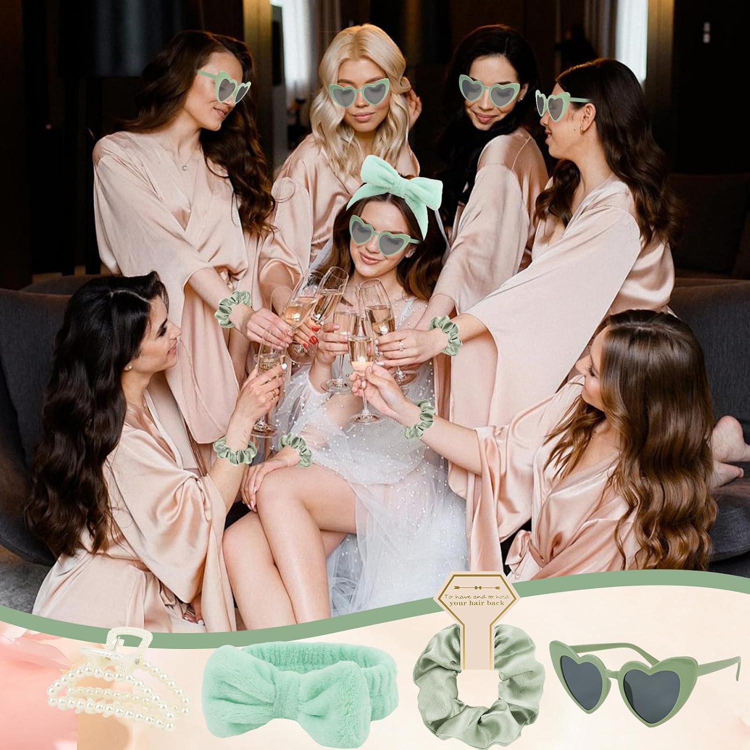 4PCS Bridesmaid Proposal Gift Set Heart Sunglasses Pearl Hair Claw Clip Satin Hair Scrunchies Bridesmaid Spa Headband