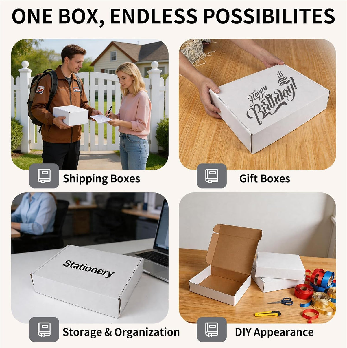 13" x 10" x 3" White Corrugated Cardboard Shipping Boxes Set of 5