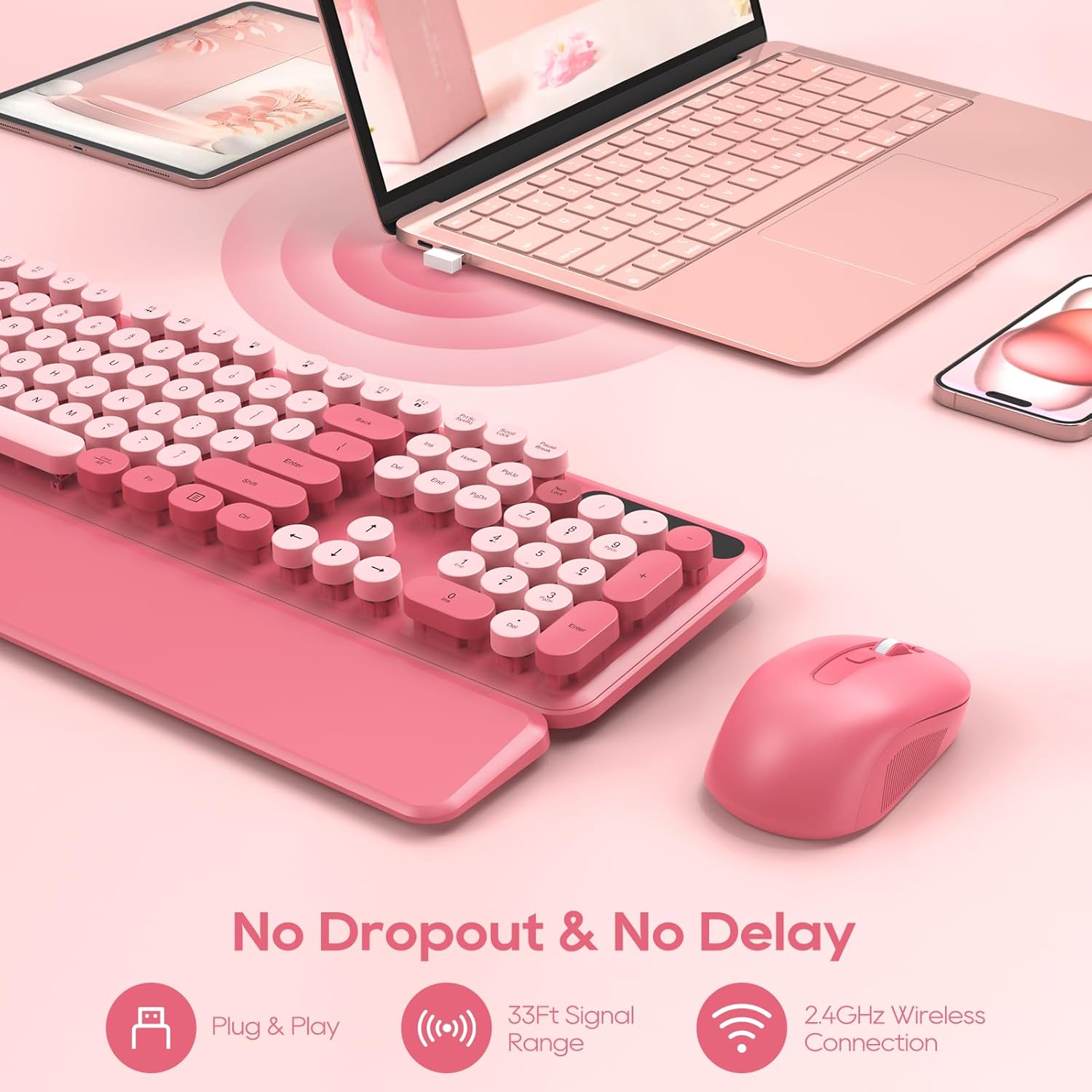 Wireless Keyboard and Mouse Combo, Round Keycaps, Magnetic Wrist Rest, Pink | Full-Size Retro Typewriter-Style