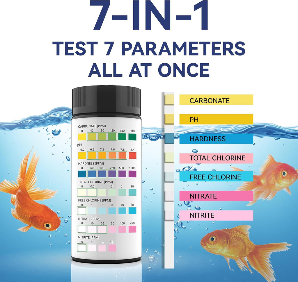 Aquarium Test Kits(100 Strips)-7 in 1 Fish Tank Water Freshwater&Saltwater Quality Test with pH, Carbonate