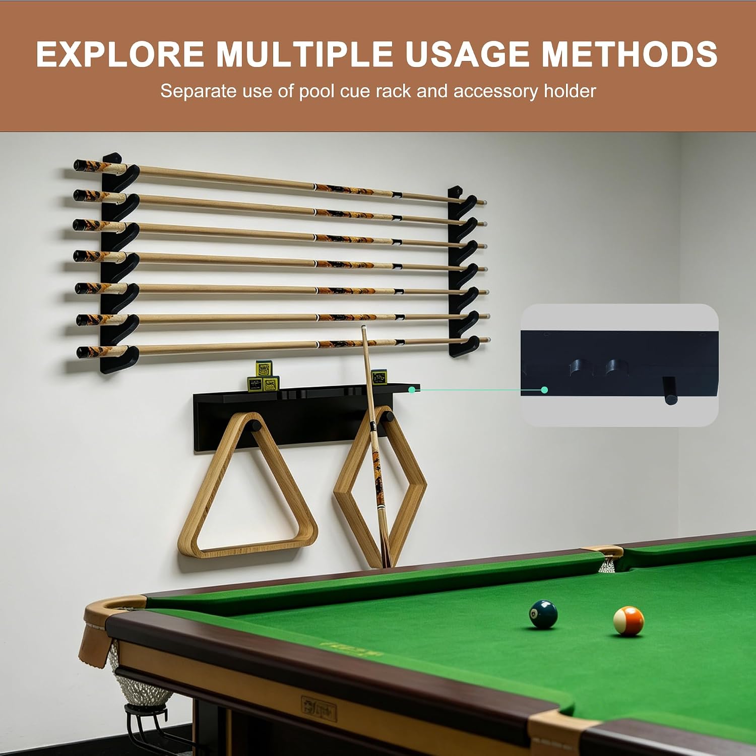 Black Wall-Mounted Pool Stick Holder, Wooden Billiards Pool Cue Rack Holds 7 Cue Sticks and 2 Pool Ball Racks, Pool