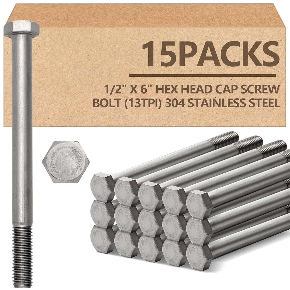 15 Pack 1/2-13 x 6'' Hex Head Cap Screw Bolt 304 Stainless Steel