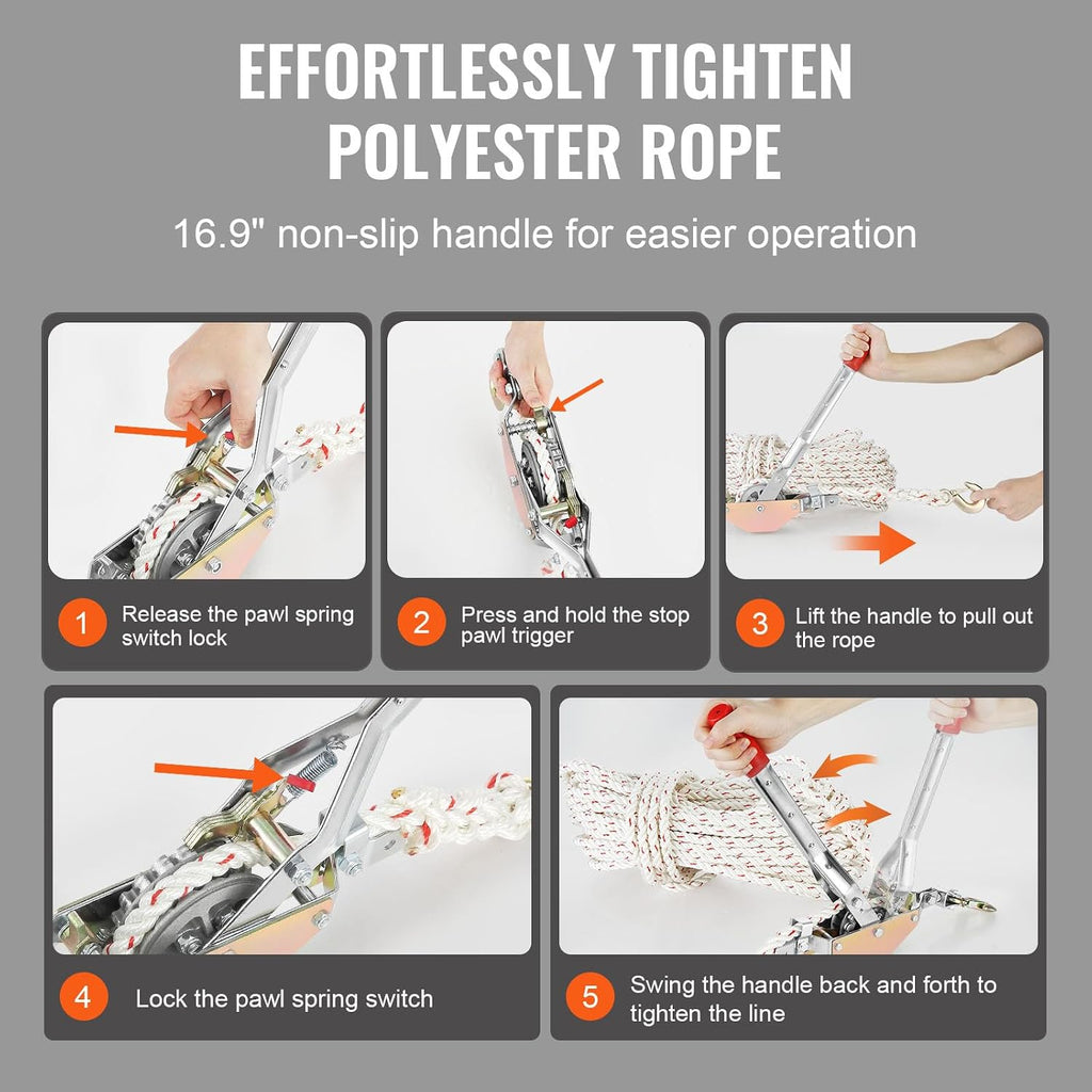 Rope Puller, 3/4 Ton (1,653 lbs) Pulling Capacity, with 100' of 0.6" dia. Rope, 2 Hook, Come Along Winch, Heavy Duty