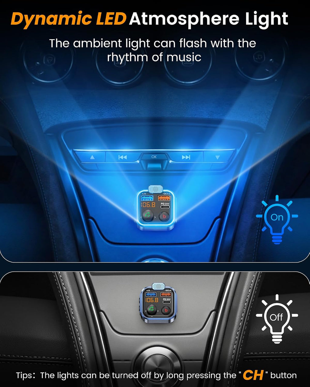 FM Transmitter in-Car Adapter, Wireless Bluetooth 5.3 Radio Car Kit | Type-C PD 20W+ QC3.0 Fast USB Charger