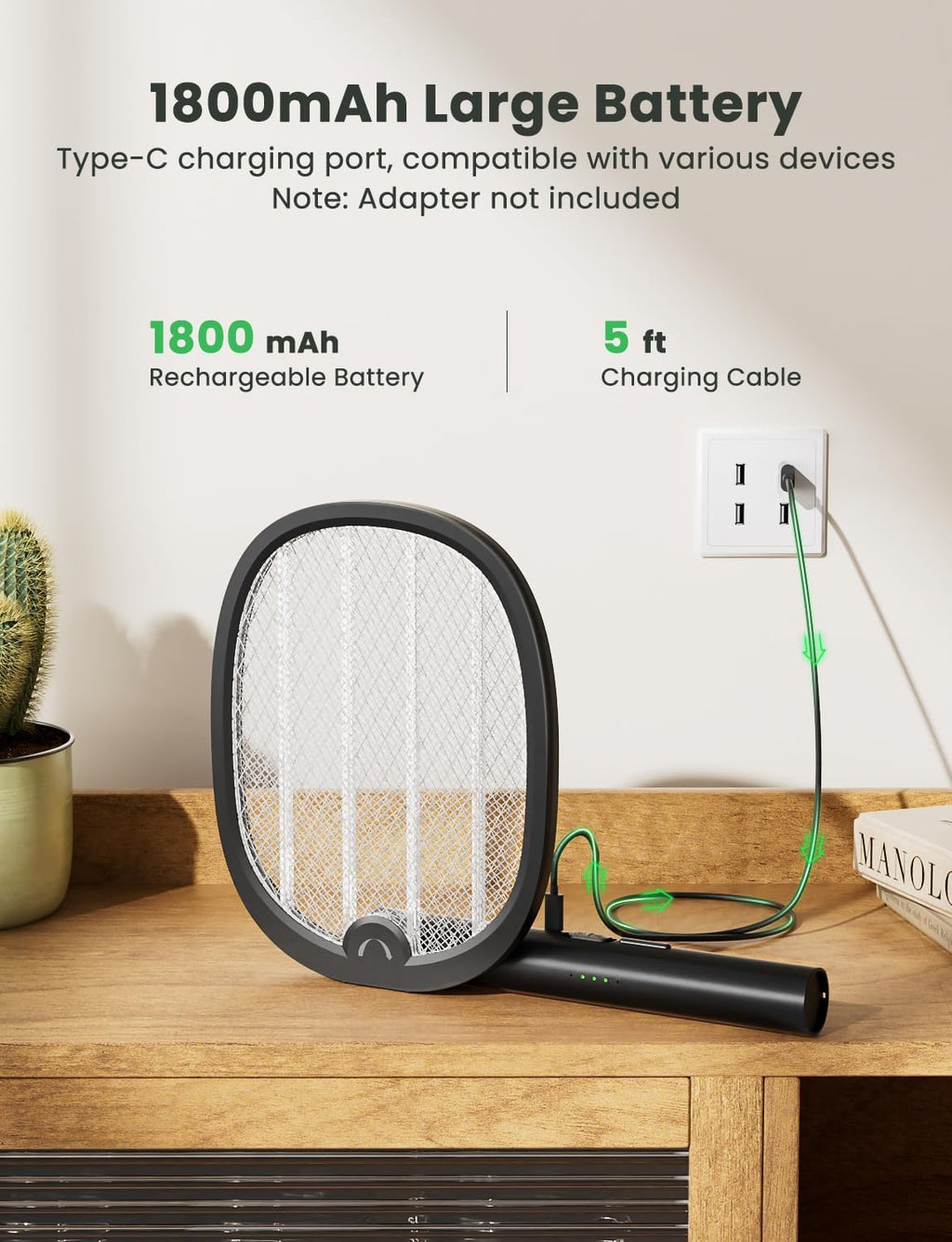 Electric Fly Swatter Foldable Bug Zapper Racket 2 in 1 Mosquito Killer with Purple Attractant Light Rechargeable