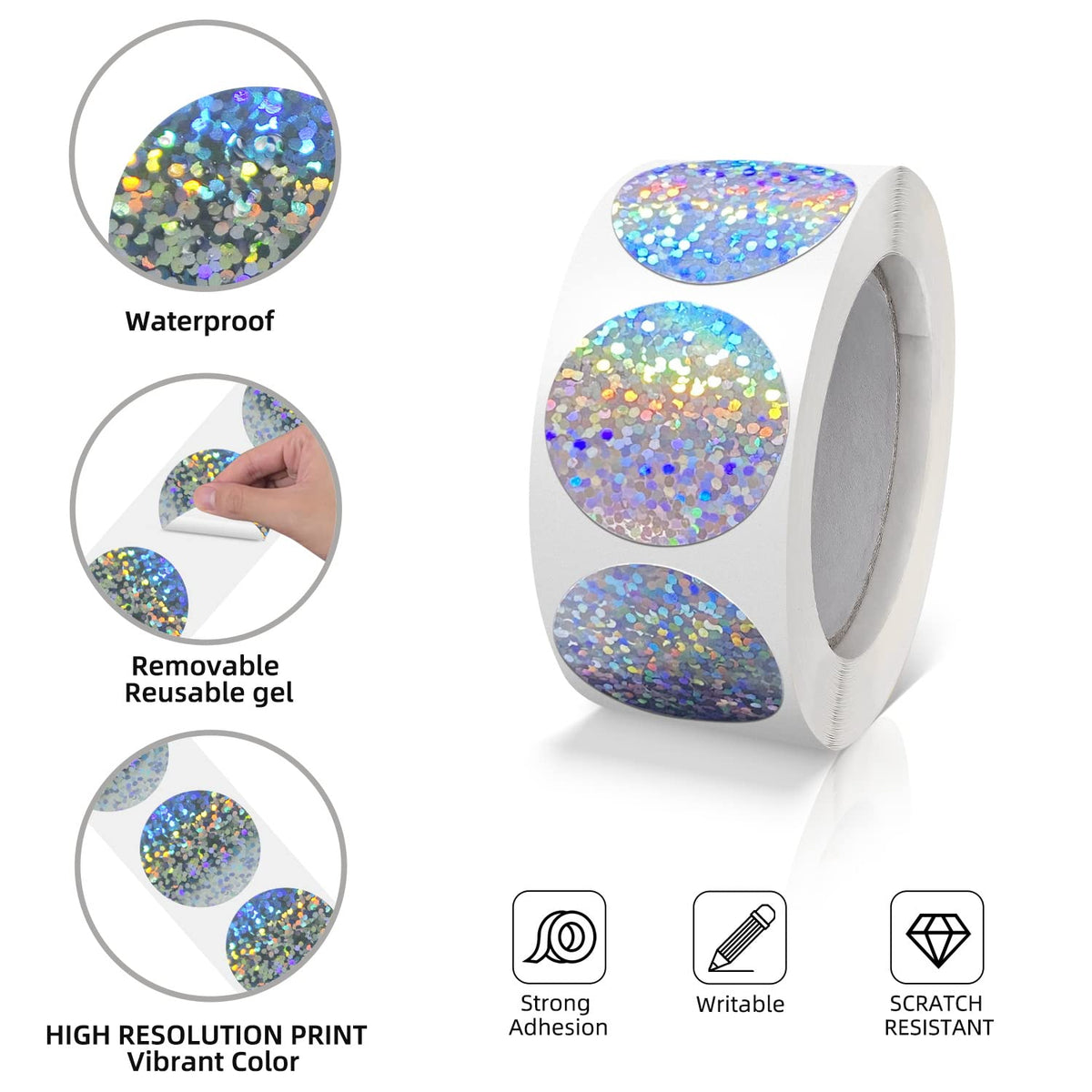 1 Inch Round Circle Stickers Silver Glitter Dot Labels Roll 500 Pcs