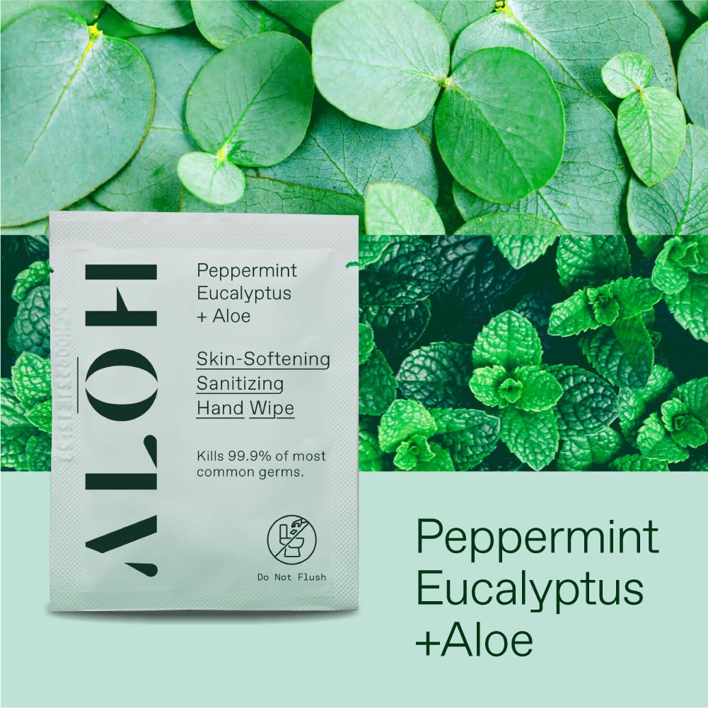 ALŌH Peppermint Eucalyptus + Aloe Hand Sanitizer Wipes Individually Wrapped | Clean Hands, Clear Mind, On The Go