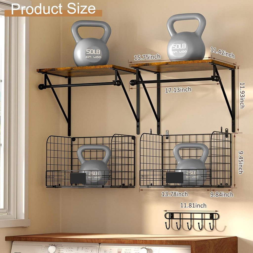 Laundry Room Shelves Wall Mounted with Wire Baskets, Over the Washer and Dryer Shelf with Clothes Drying Rack, Wire