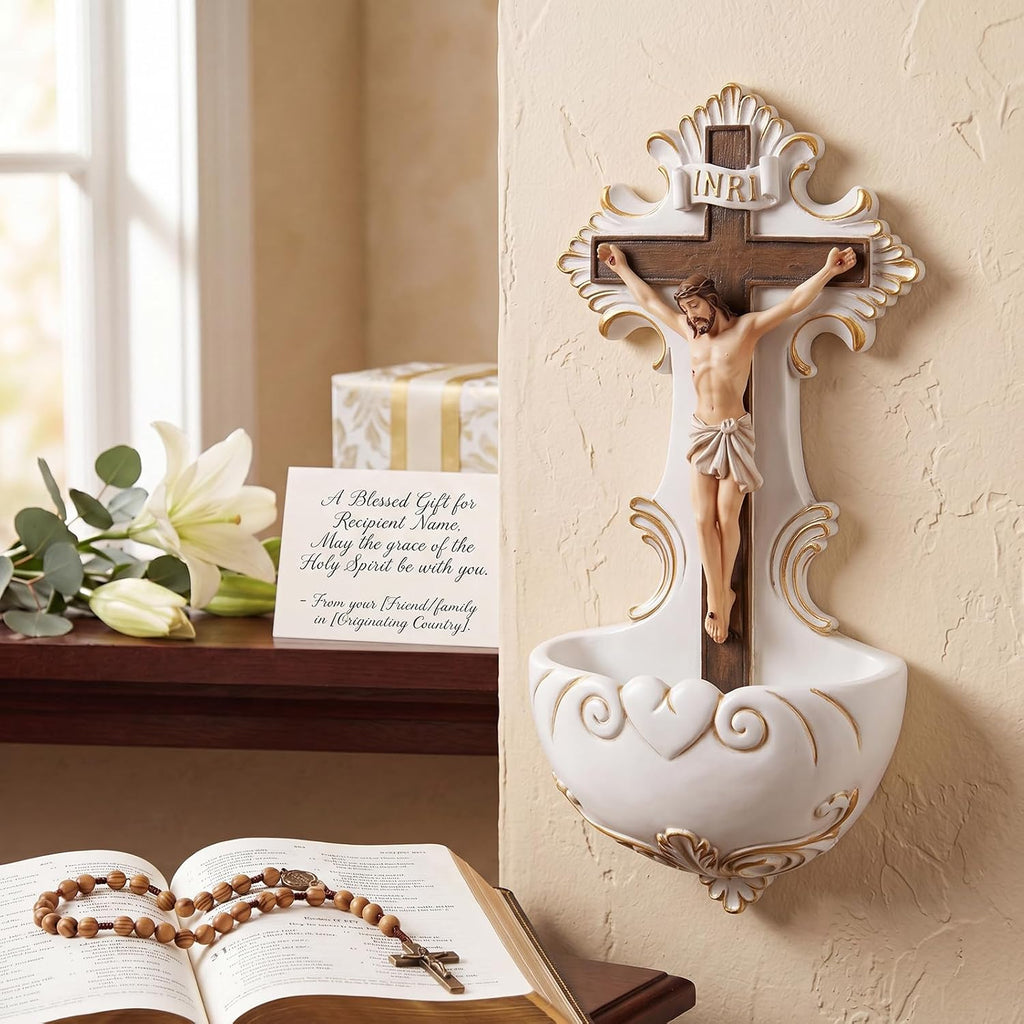 Jesus Holy Water Font Roman Crucifix Jesus Florentine Style Crucifix Wall Hanging Stoup for Church Home Decor