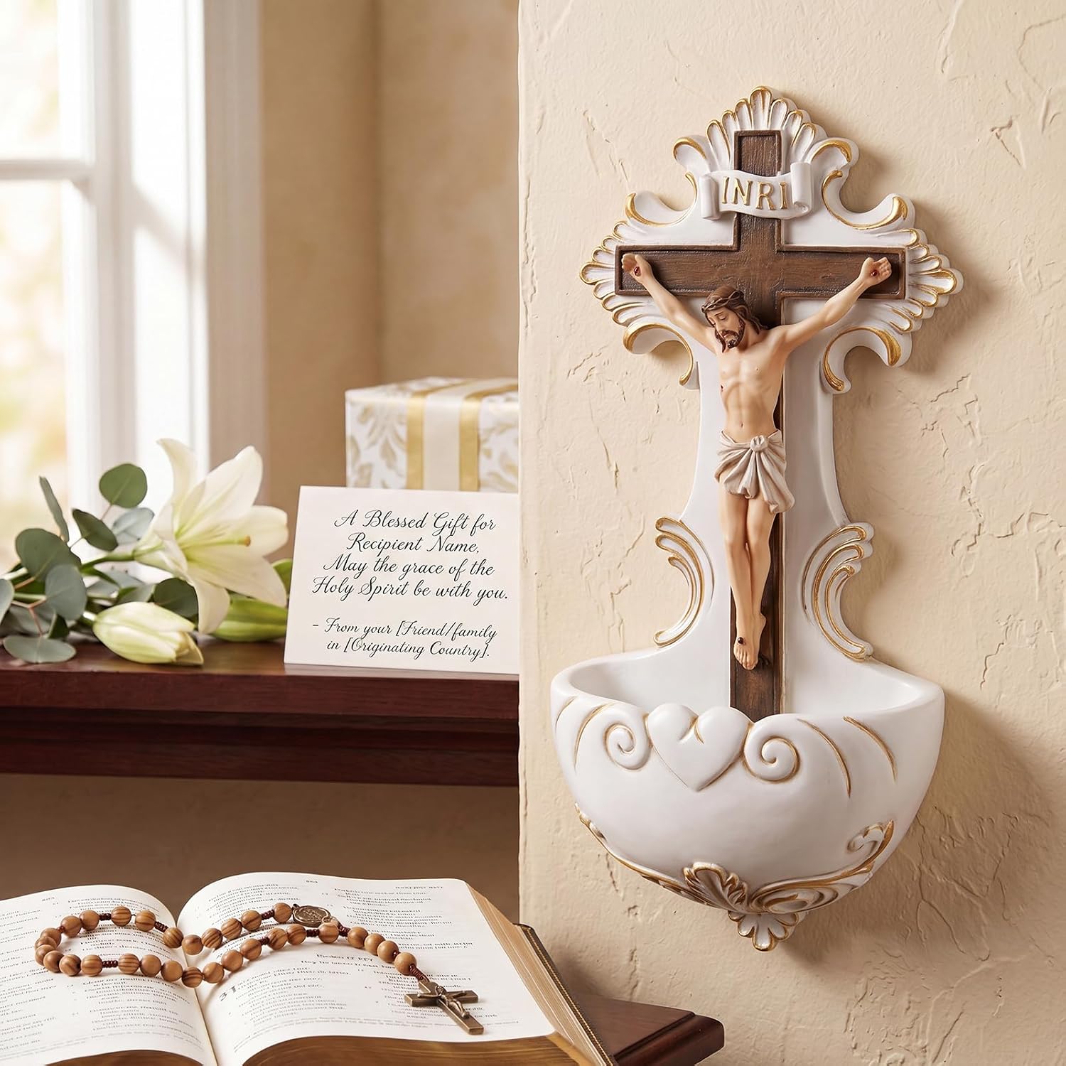 Jesus Holy Water Font Roman Crucifix Jesus Florentine Style Crucifix Wall Hanging Stoup for Church Home Decor