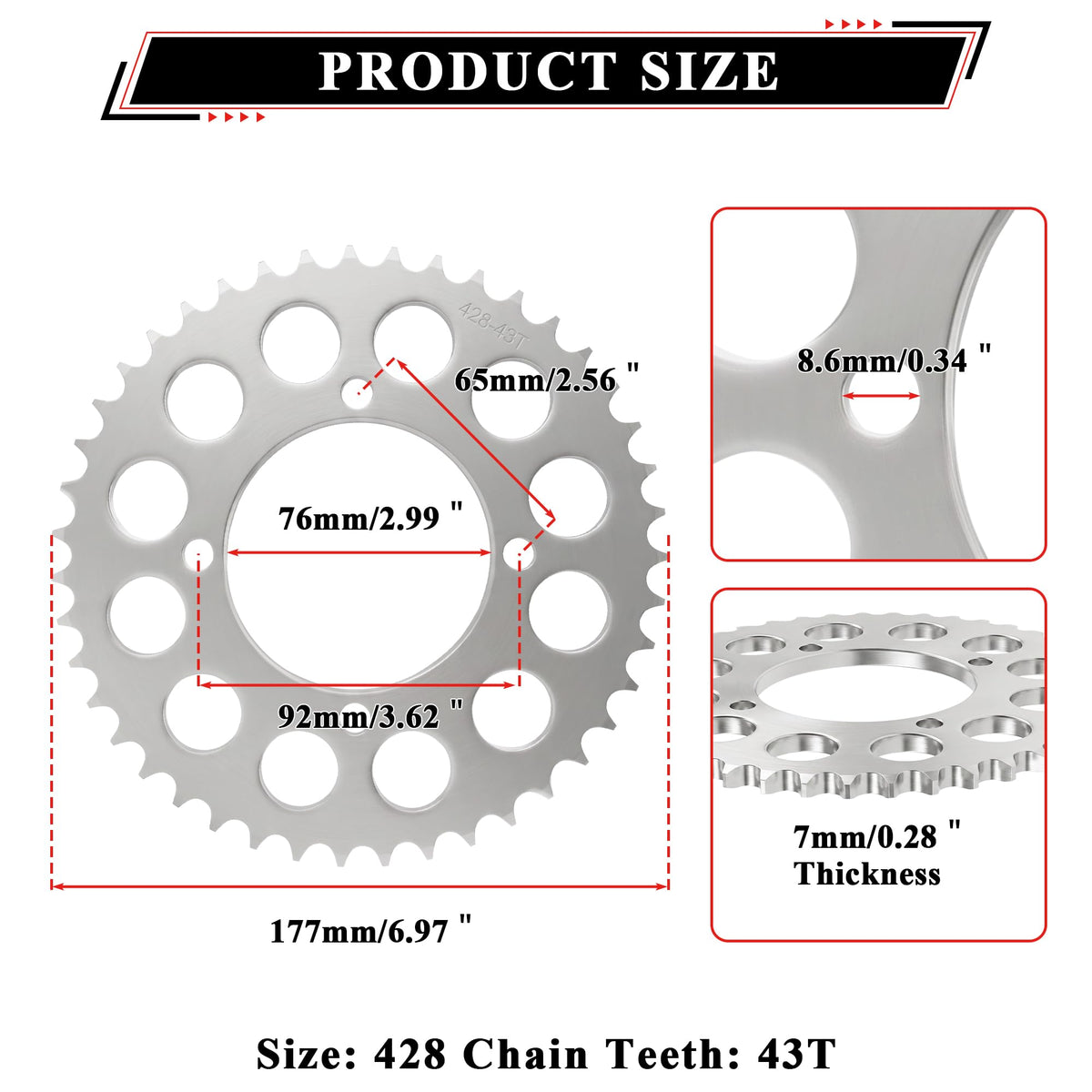 ZHEBEIMU 43Tooth Rear Sprocket 428 Chain 4 Hole Bore