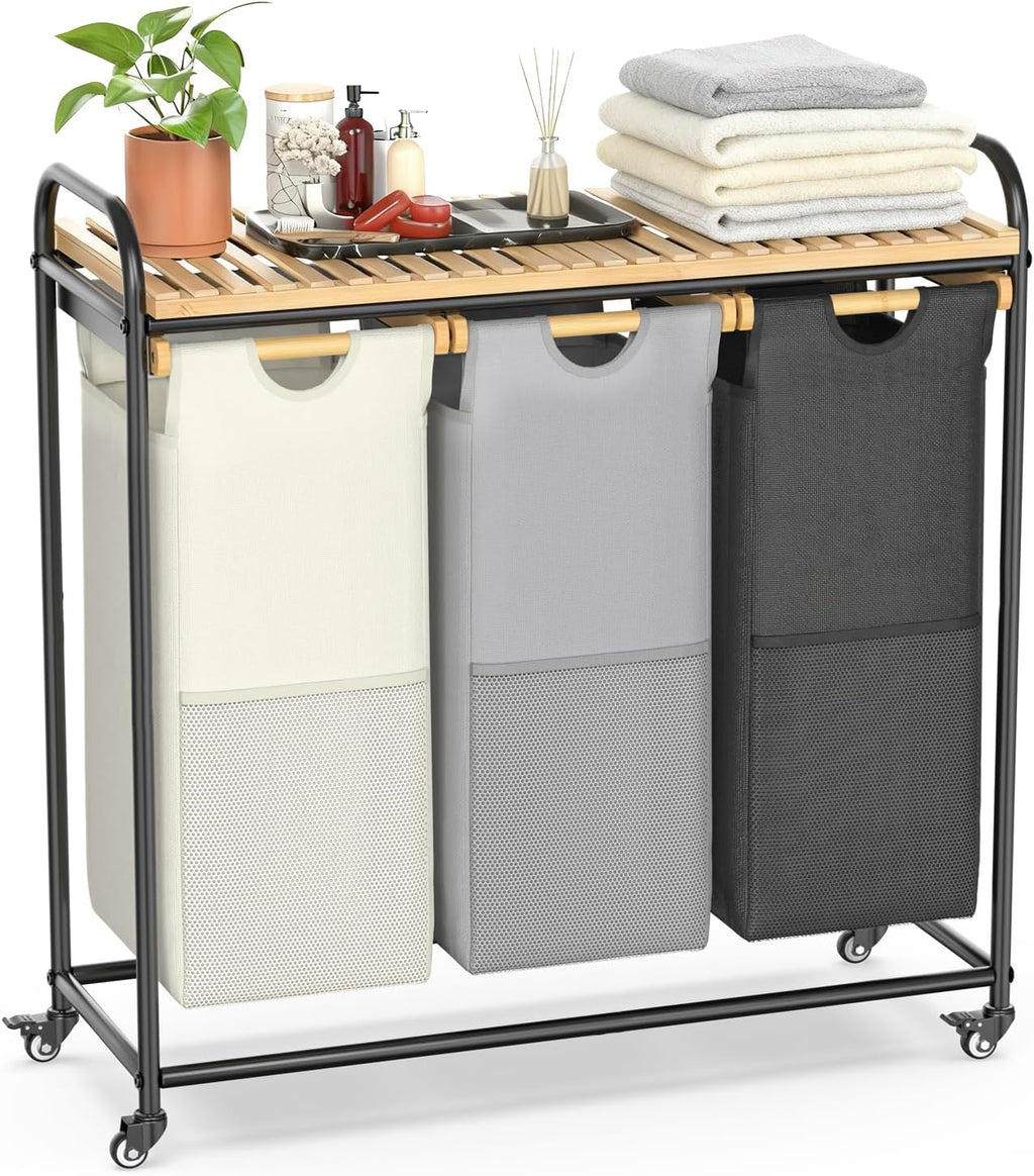 Laundry Hampers 3 Section, Laundry Sorter with Removable Shelf and Pull-Out Bags, Rolling Cart Clothes Hampers Basket