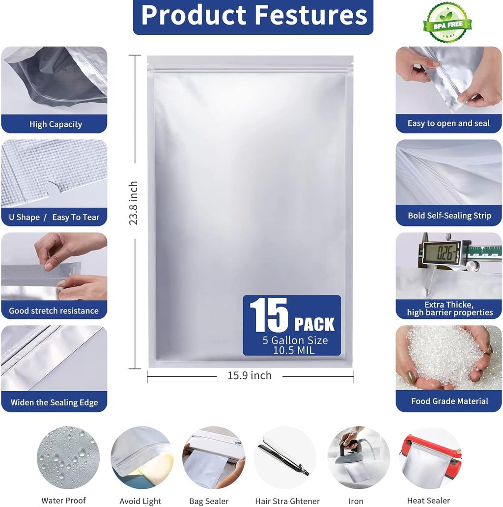 5 Gallon Mylar Bags with Oxygen Absorbers for Food Storage | 15x 5-Gal + 20x 1/2Pt Mylar bags, 15x 2500cc absorbers