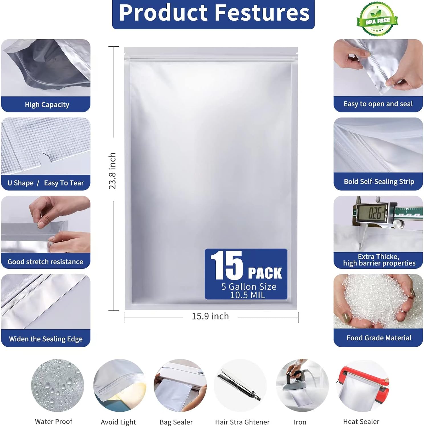 5 Gallon Mylar Bags with Oxygen Absorbers for Food Storage | 15x 5-Gal + 20x 1/2Pt Mylar bags, 15x 2500cc absorbers