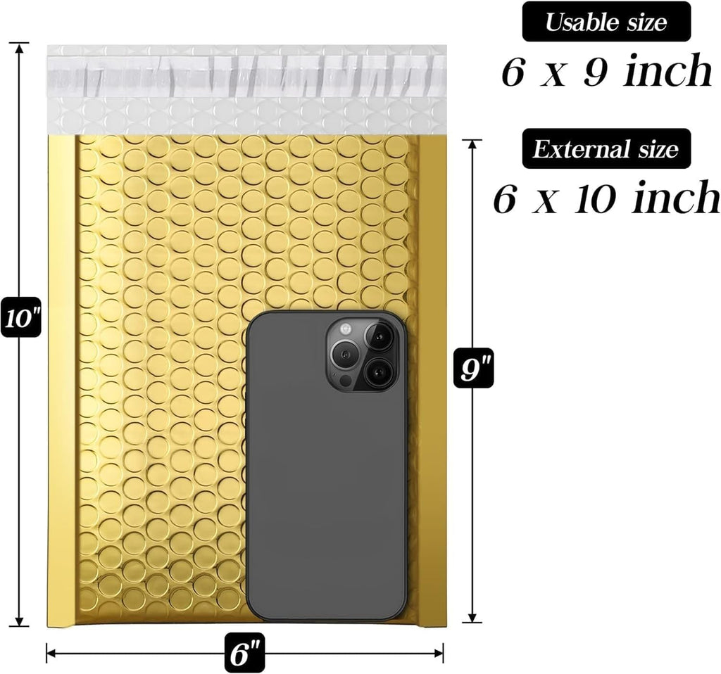 Gold Bubble Mailers 6x10 "50 Pack Durable Metallic Bubble Envelopes
