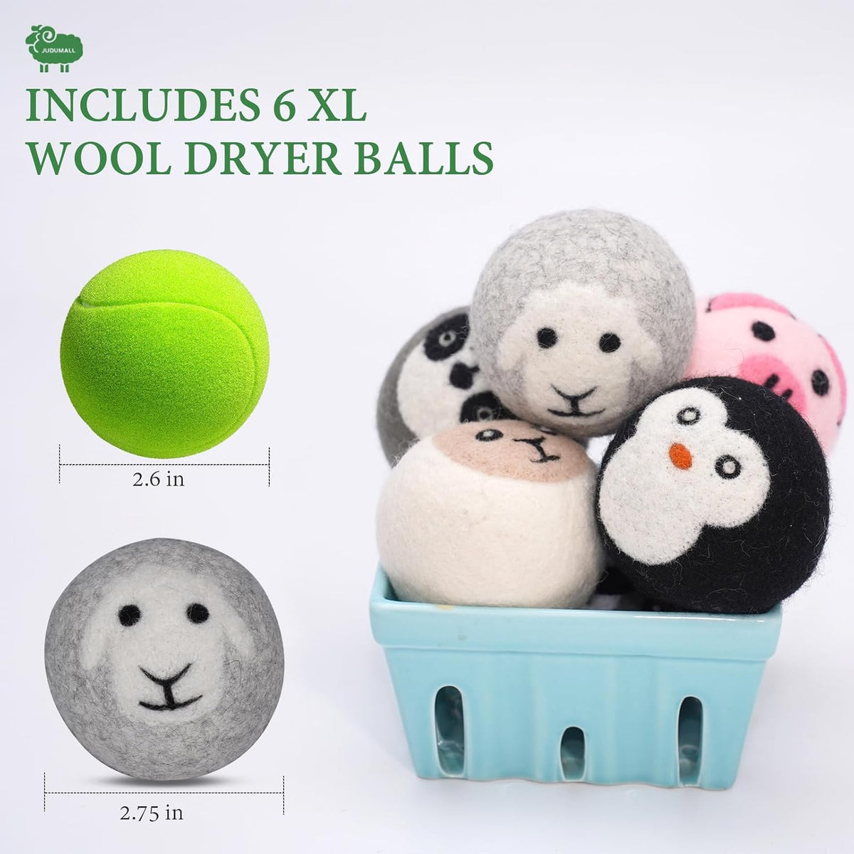 Wool Dryer Balls, XL 6-Pack, Cute Animal Fabric Softener