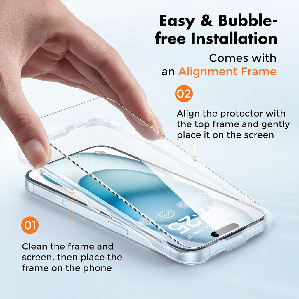 3-Pack Screen Protector for iPhone 15, Double Shatterproof Tempered Glass [Easy Installation Frame] [9H Hardness]