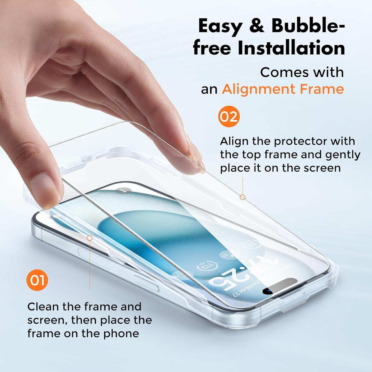 3-Pack Screen Protector for iPhone 15, Double Shatterproof Tempered Glass [Easy Installation Frame] [9H Hardness]