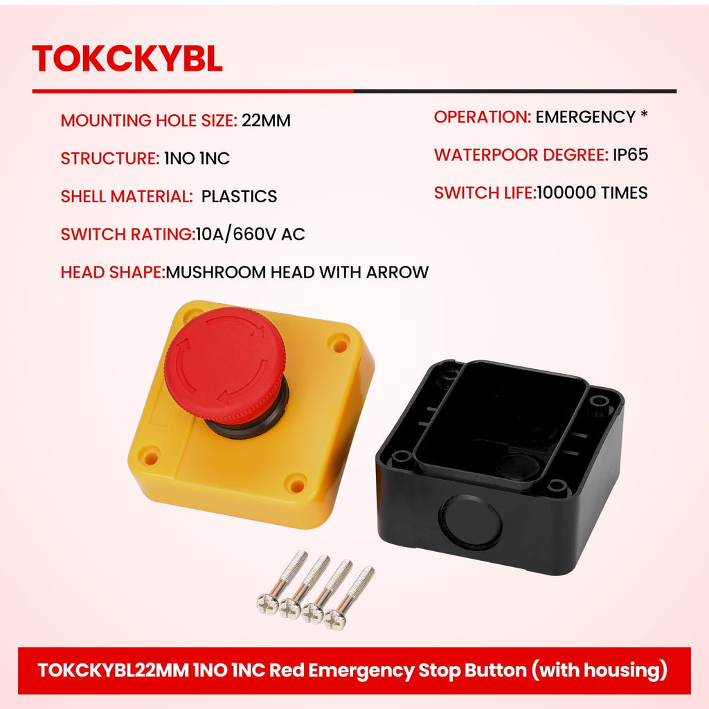 TOKCKYBL Emergency Stop Push Button Switch with Box, 660V 10A Weatherproof
