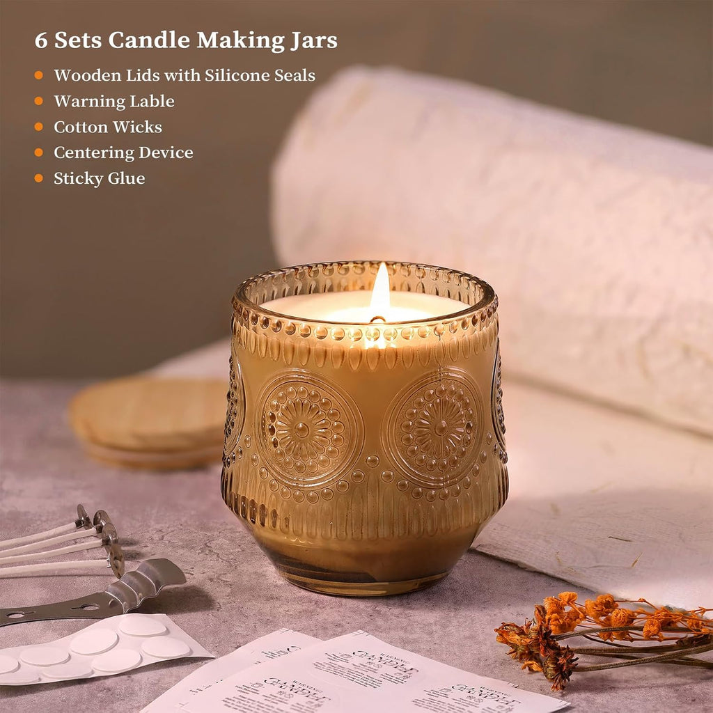 6 Pack Amber Candle Jars for Making Candles- Large 13.5oz Glass Jars with Wooden Lids and Labels, Empty Candle Jars