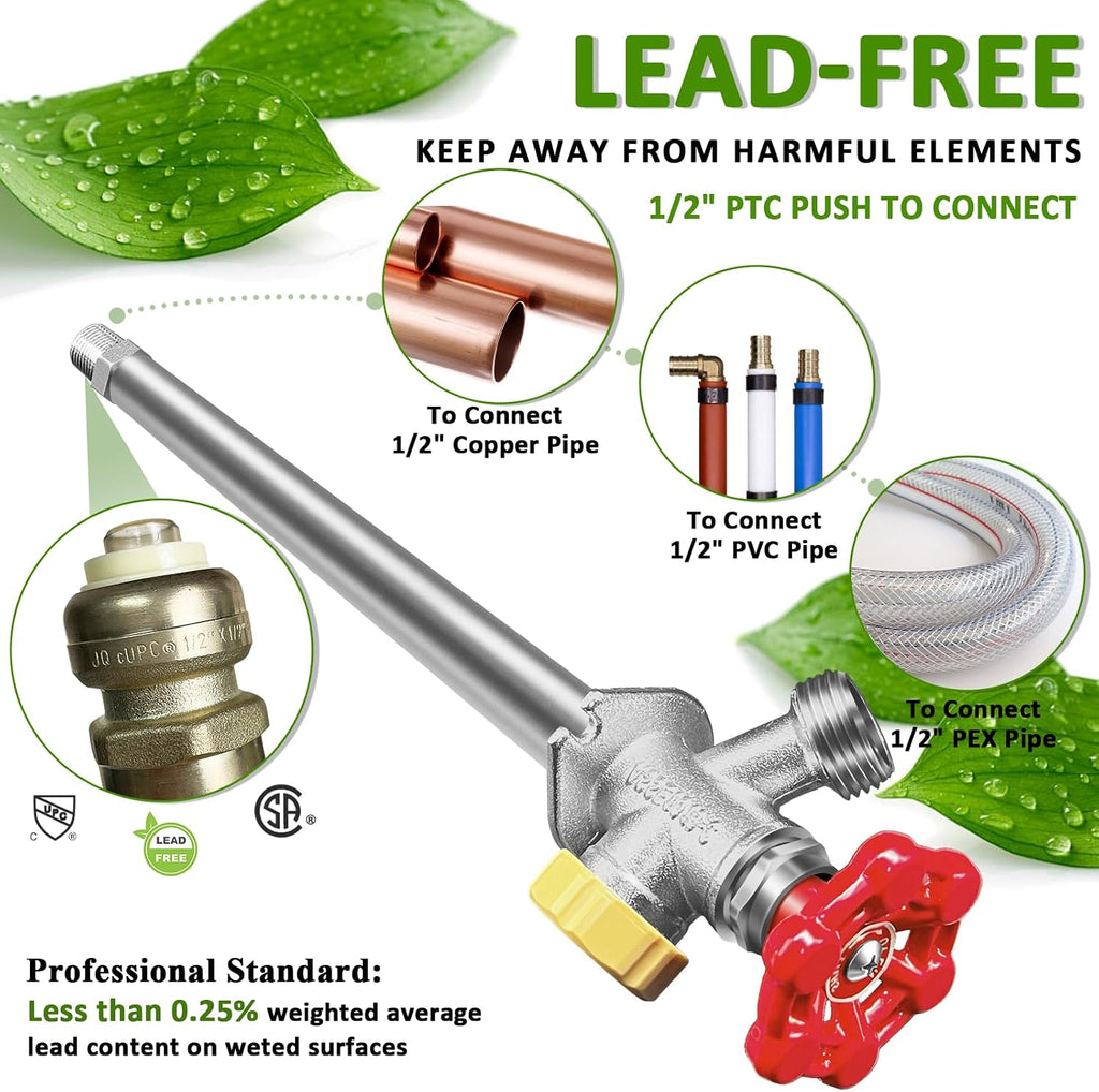 12 Inch Anti-Siphon Frost Free Sillcock Valve Multiturn 1/2 Inch NPT, 3/4 Inch Hose Bibb, Brass Body,Brass Valve 12