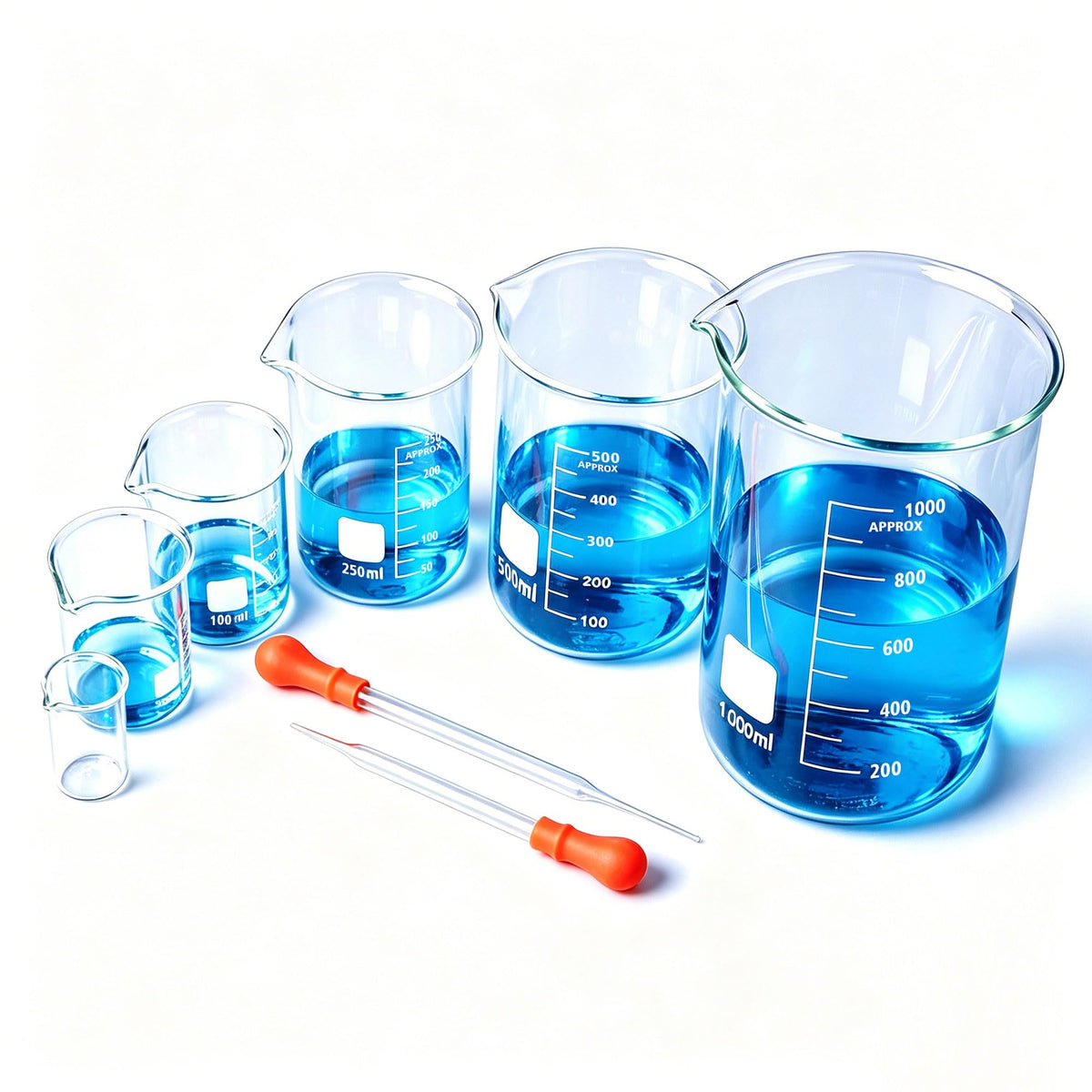 10ml 50ml 100ml 250ml 500ml 1000ml Glass Beaker Set & 2Pcs Pasteur Pipettes