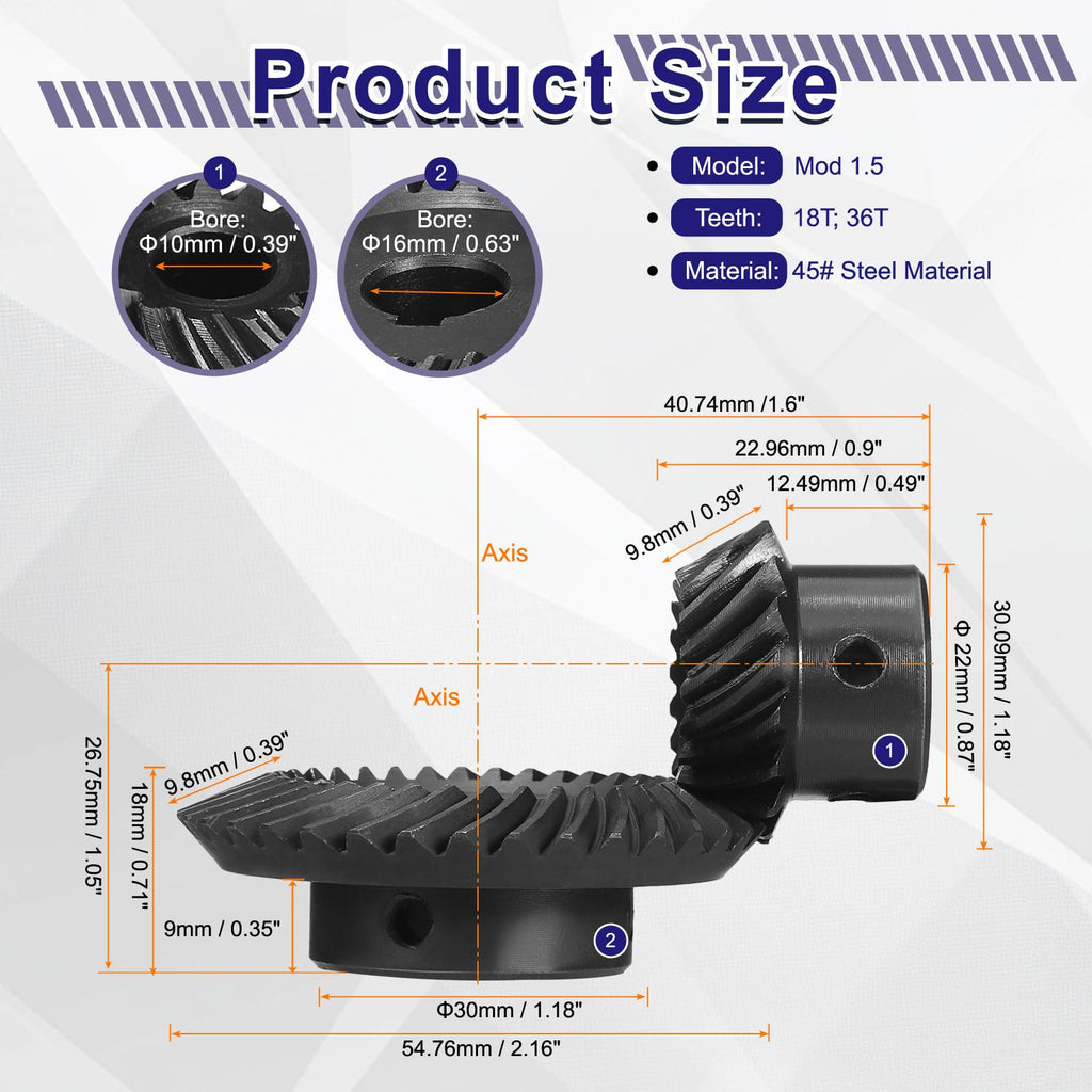 uxcell 90 Degree 1 : 2 Shaft Hole Tapered Bevel Gear, 2 Pcs 1.5 Mod 10mm Bore 18 Teeth Left Hand and 16mm Bore with 5x2.3mm Keyway 36 Teeth Right Hand Ground Spiral Steering Gears