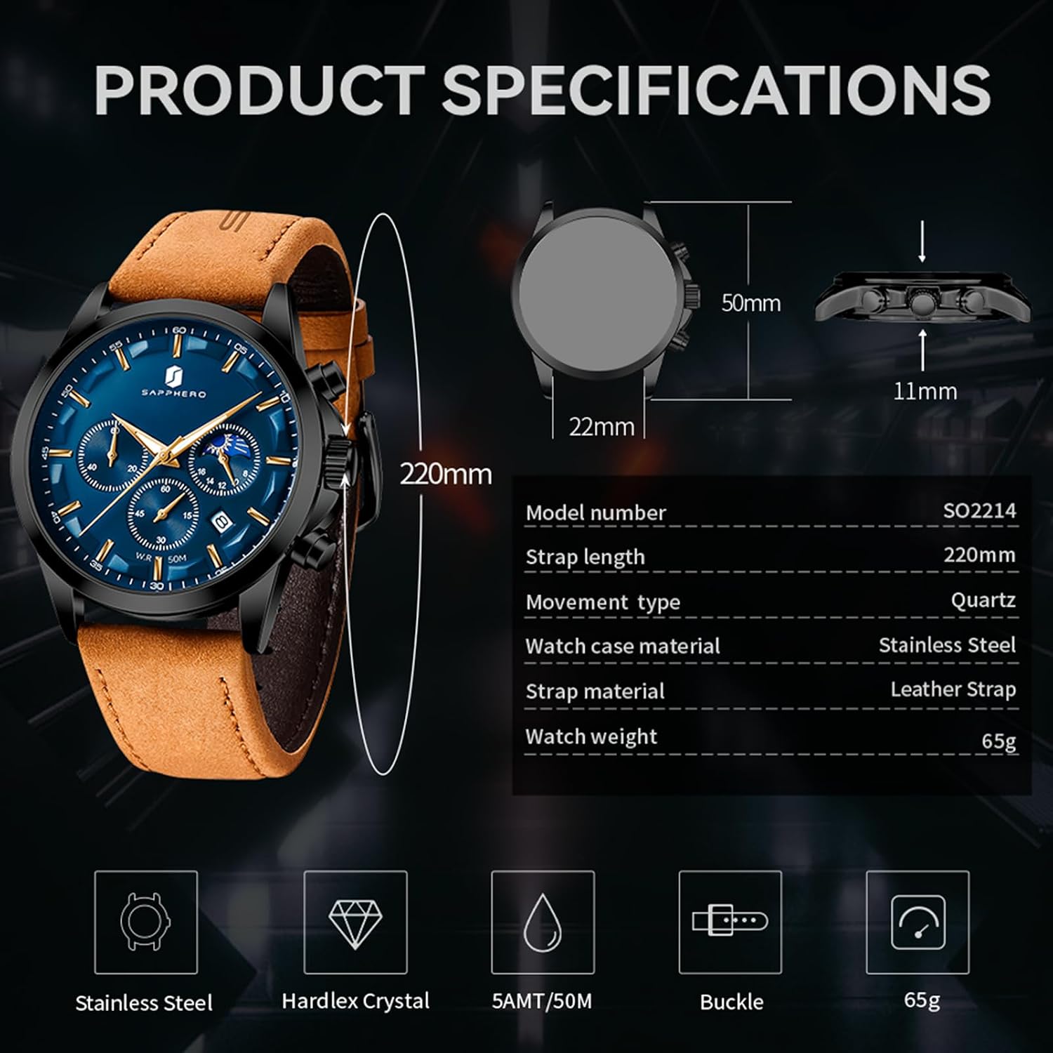 Chronograph Watches for Men, Original Business Casual Stainless Steel Analog Watch 50M Waterproof Luminous Watches
