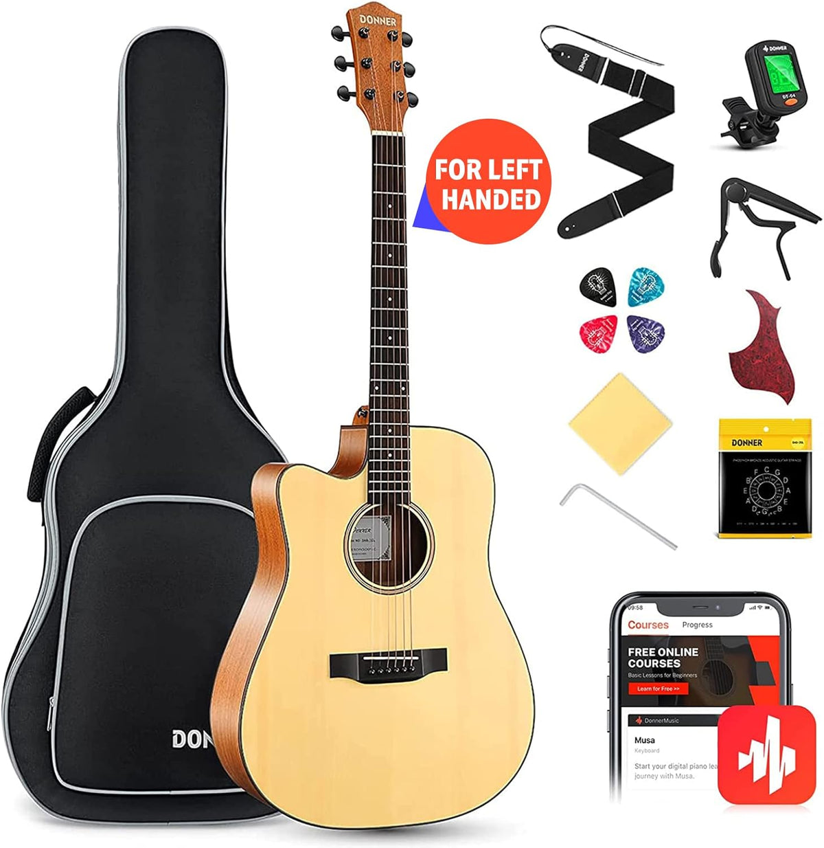 Left Handed Acoustic Guitar Kit for Beginner Adult Full Size Cutaway Lefty Acustica Guitarra Bundle Set with Bag