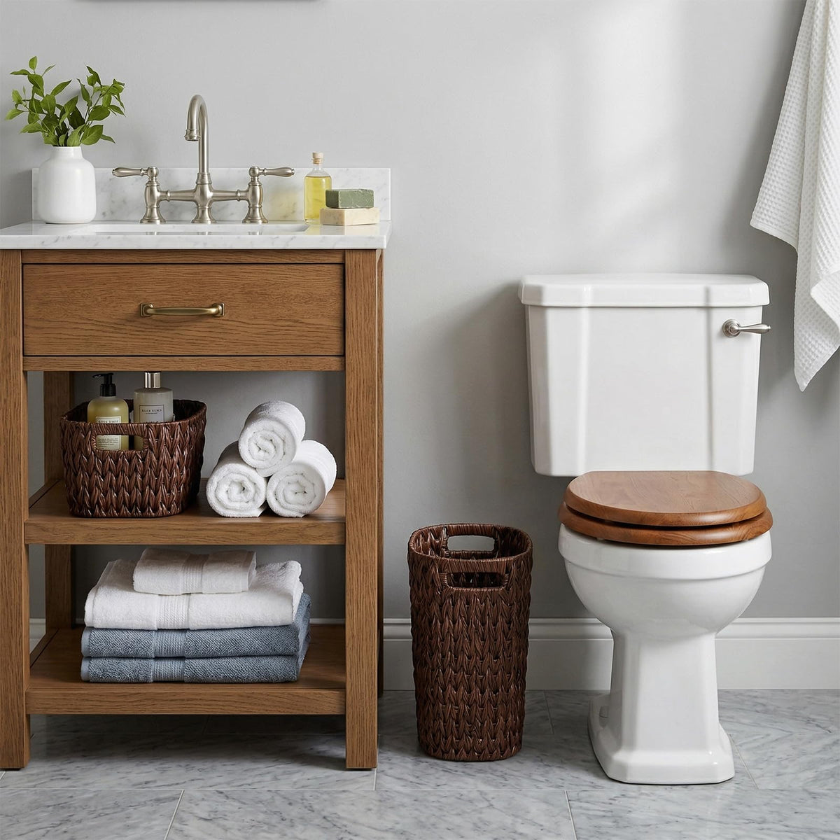Wicker Trash Can, Small Bahtroom Waste Basket, 5 Gallon,Coffee Brown