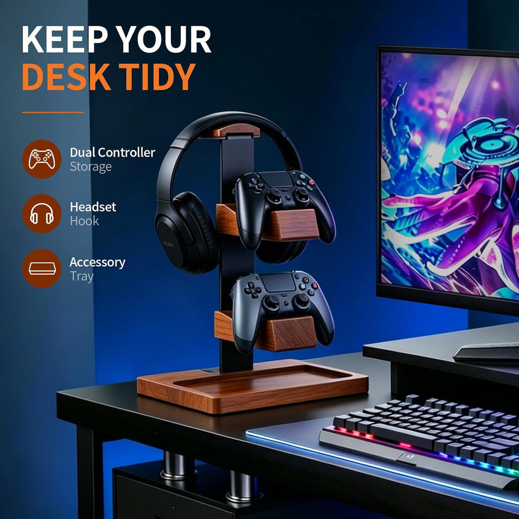 Headset Stand with Gaming Controller Holder, Wood Headphone Stand with Storage Base, Gaming Equipment Accessories for
