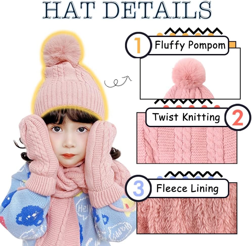 Kids Winter Hat Scarf Mittens Set Toddler Knitted Beanie Girls Fleece Children Neck Warmer Boys Warm Gloves 2-7 Years