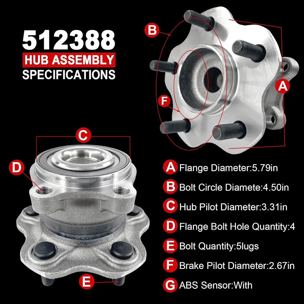 Pair 512388 Rear Wheel Bearing Hub Assembly Compatible with Nissan Altima 2007-2018, Maxima 2009-2019, Murano 2015-2019, Pathfinder 2013-2019, for Infiniti JX35 2013, QX60 2014-2019, 5 Lug w/ABS