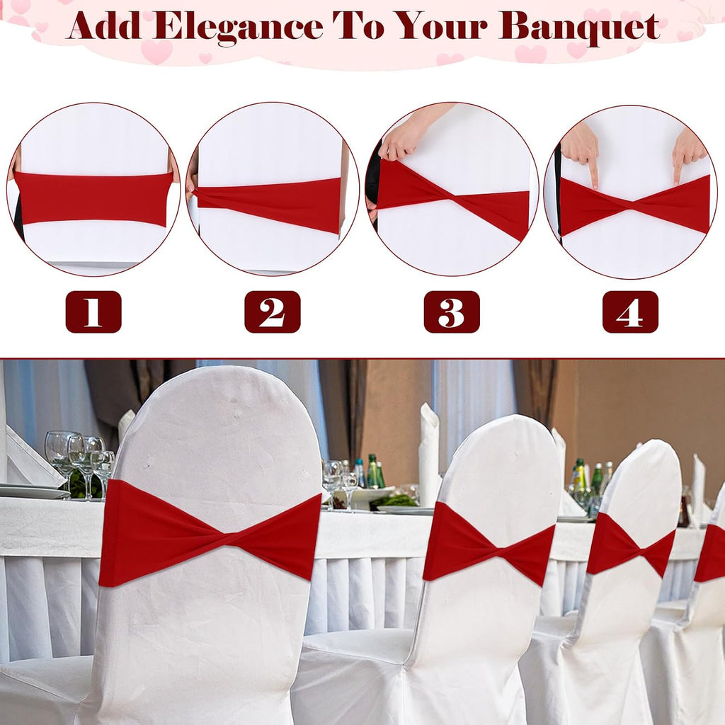 50 Pcs Red Chair Sashes, Bows Chair Bands, Elastic Chair Cover Bands Ties Universal Slider Sashes for Chair Without