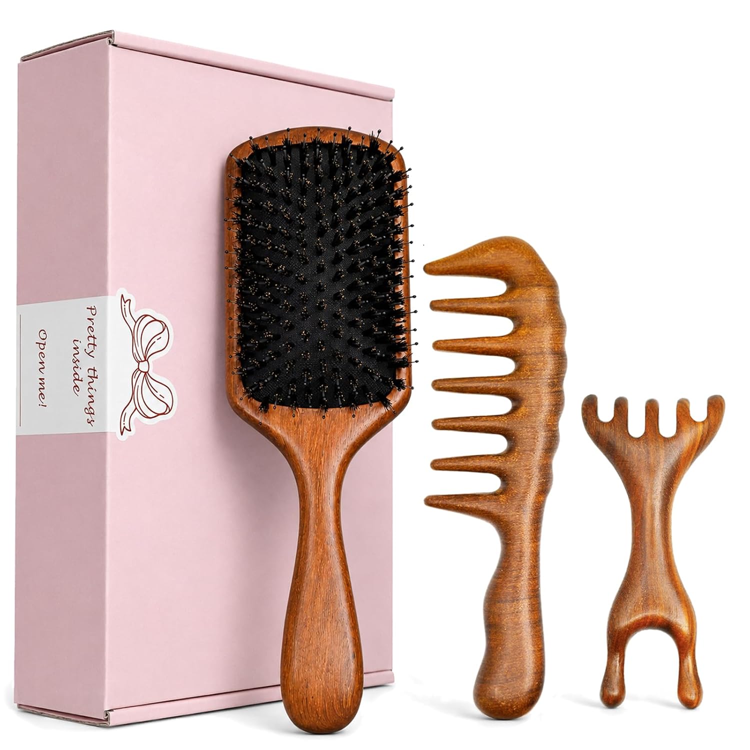 3-Piece Wooden Hair Brush Set with Boar Bristles & Wide Tooth Comb | A 3-piece wooden hair brush set for gentler