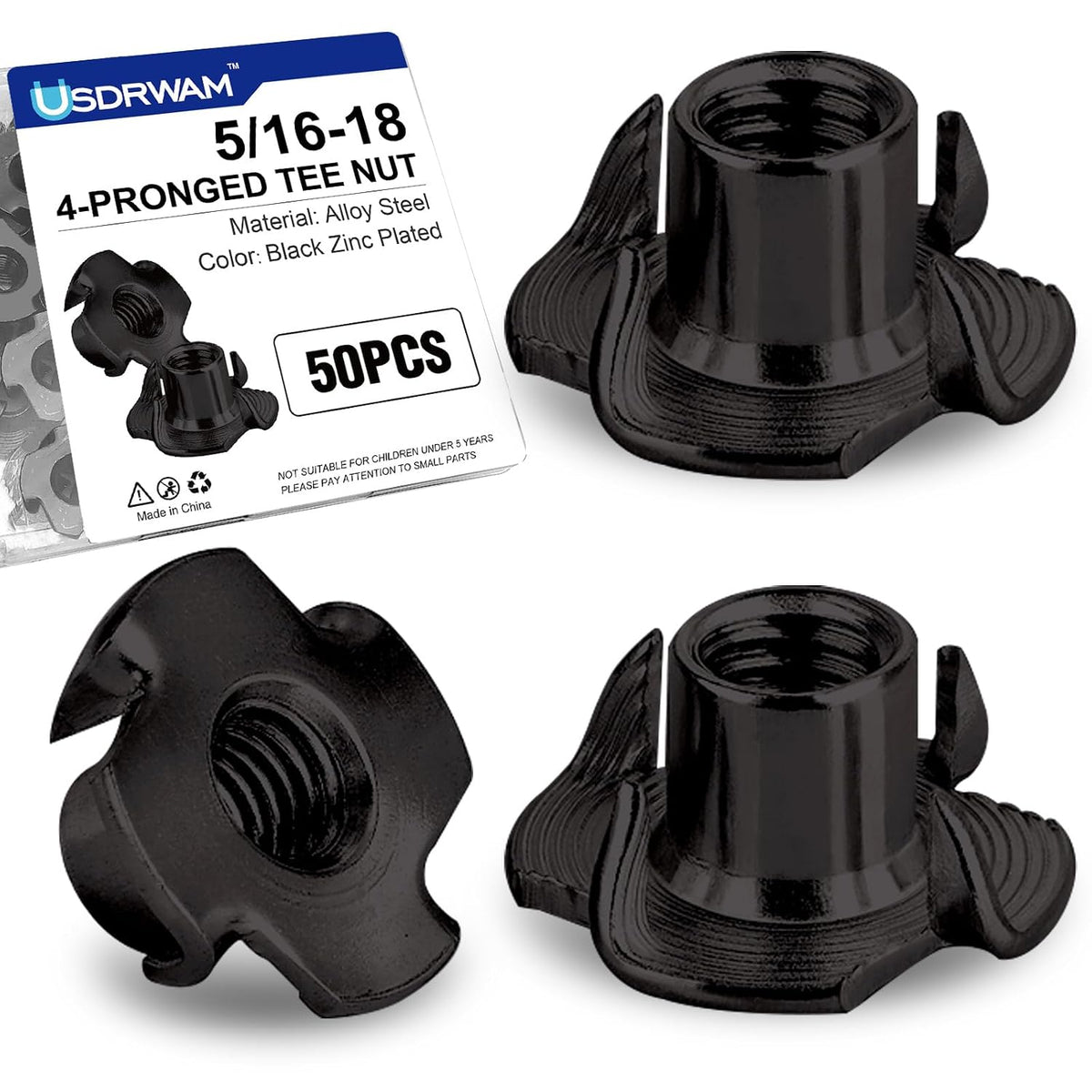 50PCS 5/16"-18 T Nuts for Wood, Carbon Steel 4-Prong Tee Nuts