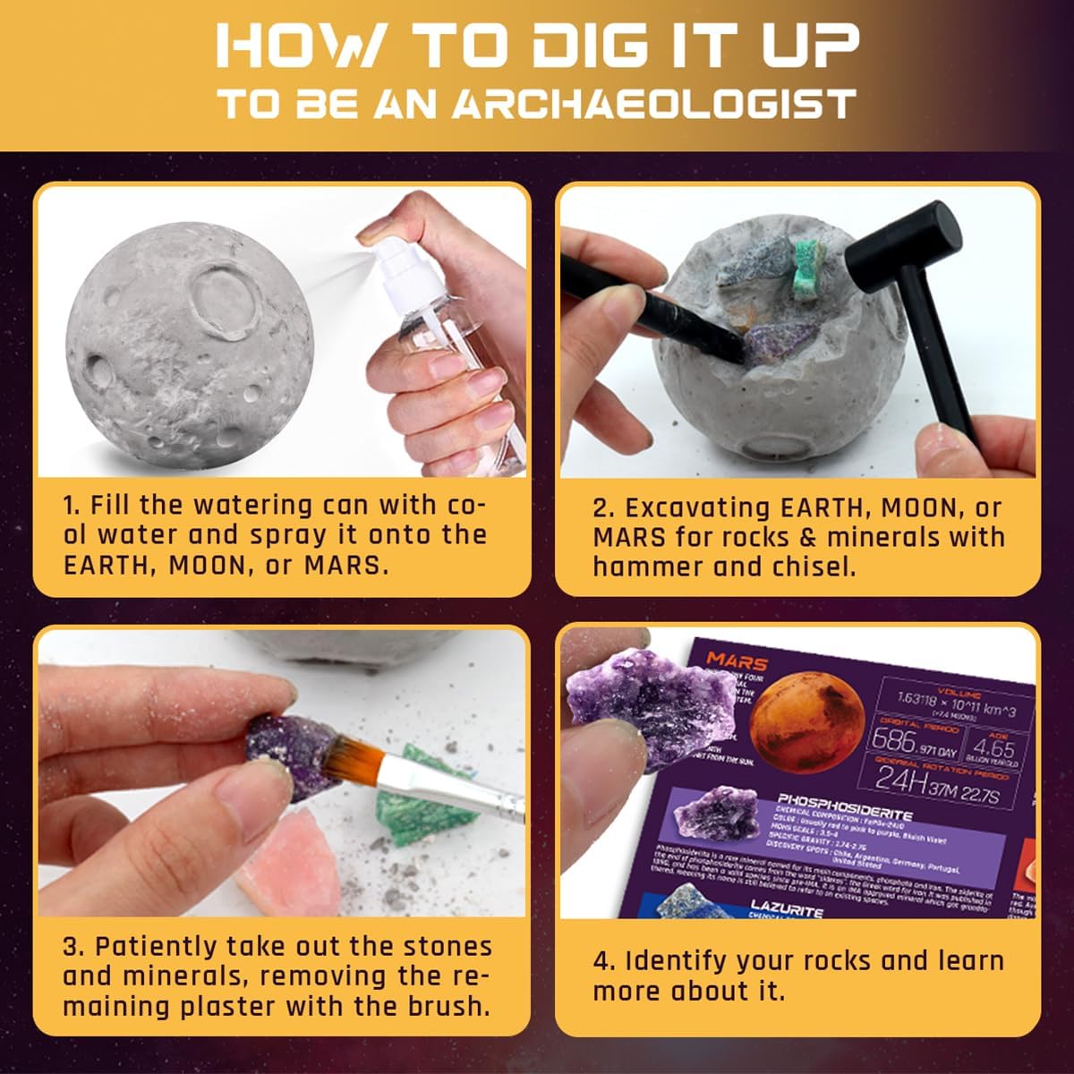 Gemstone Dig Kit, Dig up 15 Rocks & Minerals from Earth Moon Mars, Solar System Planets Geology Science Set, Space