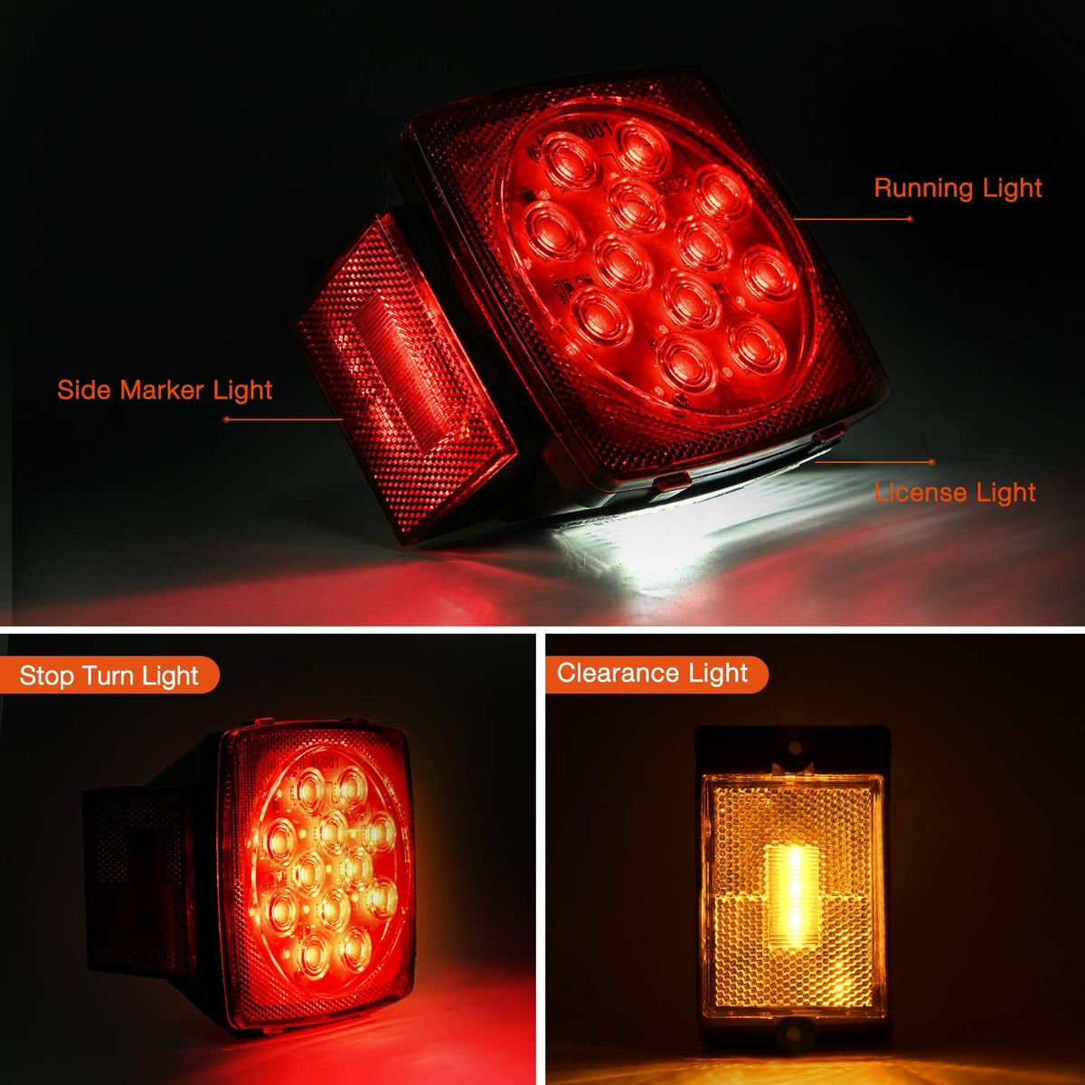 Square Submersible LED Trailer Light Kit,IP68 Waterproof 2PCS