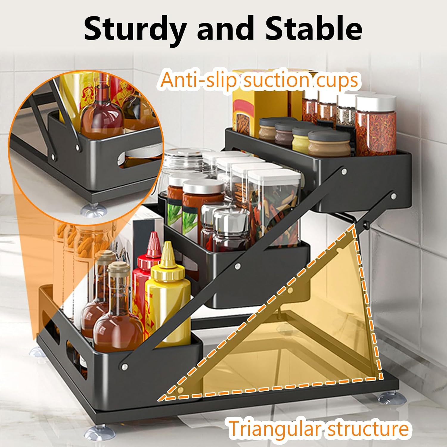 3 Tier Foldable Spice Rack, Black | Iron